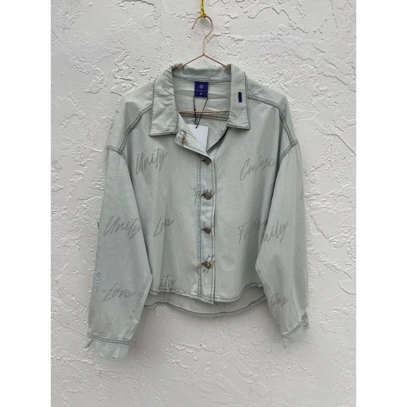 Monat Womens Soft Denim Unity Word Print Vintage Jacket Light Gray Size Medium - Picture 1 of 16